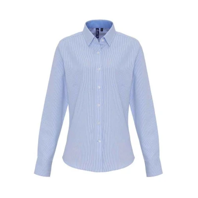 Image of Premier Womens/Ladies Striped Oxford Long Sleeved Formal Shirt (White/Oxford Blue) Size 2XL