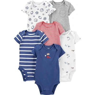Image of Simple Joys by Carter&#039;s Baby Boys&#039; Short Sleeve Bodysuit Shirt, Multicolour/Dogs/Mini Stripes/Sports Pack, 0 Months (Pack of 6)