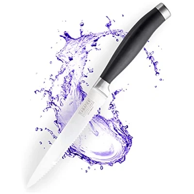 Image of Sabatier Professional Serrated Utility Kitchen Knife 5in/12cm Taper Ground Stainless Steel Blade, Matt Black Rubberised Comfort Handle. Sharp for Longer, Lifetime Performance 25yr Guarantee