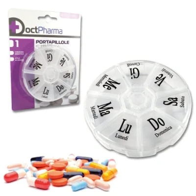 Image of 7 Compartment Pill Box Weekly in ITALIAN Days Daily Organizer Medicine Holder Medicinal Pills Vitamins Elderly Supplements