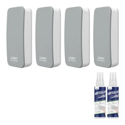 Image of LOUKIN 4 Pack Magnetic Dry Erase Eraser, Whiteboard Glass Board Eraser(Gray), Two Bottles of 3.4 fl oz Cleaners Included, for Classroom, Home and Office Use
