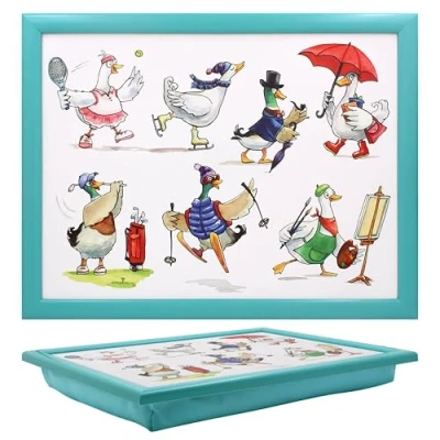 Image of Lesser &amp; Pavey Comic Farmyard Fun Illustrations Cushioned Blue Laptray Suitable for Eating, Laptop, Home Desk Lapdesk and More Chicken, Duck, Pig, Cow, Horse, Highland Cow (Ducks)
