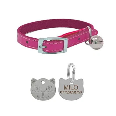 Image of Leather Cat Collar, Safety Elastic Bell &amp; Engraved Face Tag (Pink)