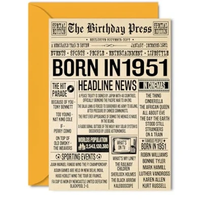 Image of 73rd Birthday Cards for Women Men Born In 1951 Newspaper Happy 73 Card Grandma Grandad Nan Vintage Retro Back 1951, 5x7 Inch Seventy Three Third Bday Greeting