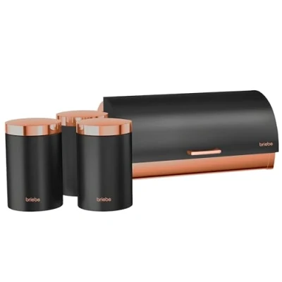Image of briebe Table Bread Bin Set + of 3 Kitchen Storage Cans, Stainless Steel, Container for Storing and Pastries, Sliding Lid, Modern Design, Box, Matte Black/Rose Gold