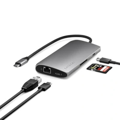 Image of SATECHI USB C Hub Multiport Adapter V3, 8 in 1 Dongle with 8K HDMI, 85W PD Charging, 4 Data Ports, Ethernet, SD Card Reader for Mac, Windows Space Gray