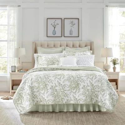 Image of Laura Ashley Reversible Cotton Bedding with Matching Shams, Lightweight Home Decor for All Seasons, Green/White, King