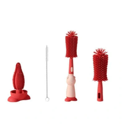 Image of Baby Bottle Brush, 3 in 1 and Teat Cleaning Silicone Cleaner Brush for Water Bottles (Red)