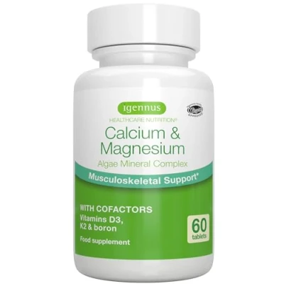 Image of High Absorption Algae Calcium &amp; Magnesium Supplement, Plus Vitamin D, K2 Boron, Clean Label Plant Based, Non GMO Mineral Complex for Bone Teeth Support, Vegan, 60 Tablets, by Igennus