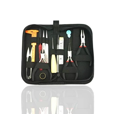 Image of Jewellery Making Tool Kit, 14 Pieces Repair Tools Case with Pliers, Cutter, Scissors, Ruler for Earring, Beading and Necklace DIY, Crafting, Fixing, Cleaning