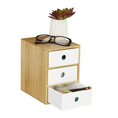 Image of Relaxdays Desk Organiser, 3 Drawers, Bamboo &amp; MDF, Office Storage Box, H x W D: 21 14.5 20 cm, White, fibreboard 50%, 1 Item