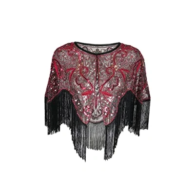 Image of Grouptap 1920s Lace shawl gatsby bolero sequin shrug wrap cape for girls women flapper art deco evening costume (One Size) (Red)