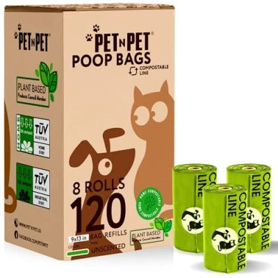 Image of PET N Compostable Dog Poop Bags 9&quot; x 13&quot; 120 Counts, 8 Rolls EN13432 Certified Poo Thick and Leak Proof Unscented