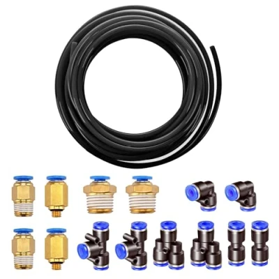 Image of HUAZIZ 10 m Polyurethane Pneumatic Hose 6 mm Black, PU Air Hose, with 14 4 Connector (2 Straight, 2 Elbows, T Connectors, Y Separators, Male Threaded Fittings)