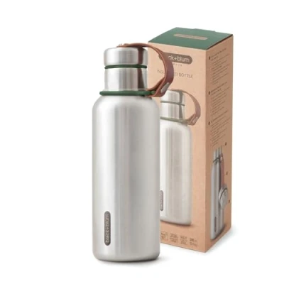 Image of BLACK+BLUM Water Bottle Stainless Steel Thermal Insulated Leak Proof Travel Thermo Flask with Wide Spout and Stylish Vegan Leather Carry Loop Keeps Hot for 12 hrs, Cold 24 Olive 750ml