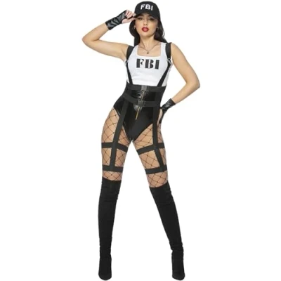 Image of Smiffys Fever FBI Costume Vest, Harness Shorts &amp; Cap, Fancy Dress, Dress Up Costumes