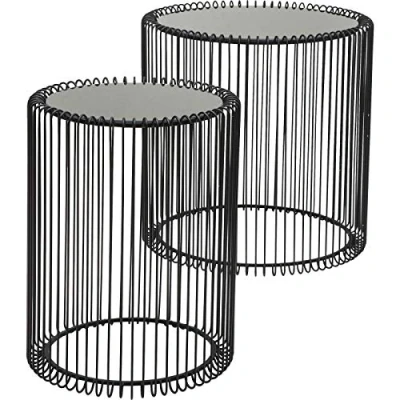 Image of Kare Design side table Wire, Black, set of two, steel rack, safety glass tabletop, round, modern bed for bedroom, living room, office, Ø 44cm