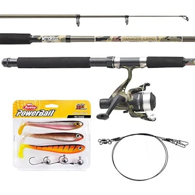 Image of Mitchell Tanager Camo, fishing Rod and Reel Combo, Spinning Combos, Allround Fishing, with line lures for trout perch, Unisex, Green camouflage, 2.7m