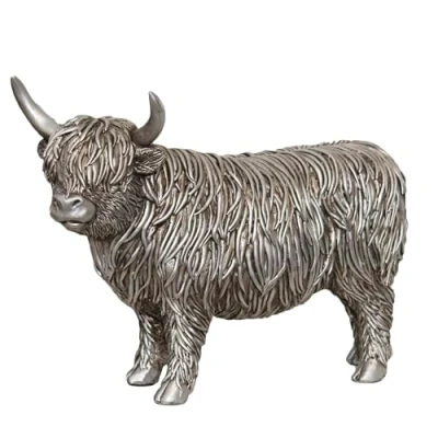 Image of Darthome Silver Highland Cow Ornament, Standing Resin Figurine, Silver, 25 cm x 17 cm, Indoor Decorative Statue