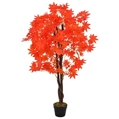 Image of vidaXL Artificial Maple Tree with Pot 120cm lifelike Fake Greenery for Home or Office Red and Brown Plastic Foliage