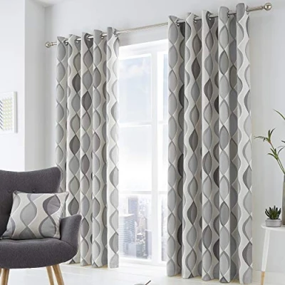 Image of Fusion Lennox 100% Cotton Eyelet Lined Curtains, Grey/Grey, 66 x 90 Inch