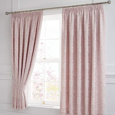 Image of Serene Blossom Jacquard Lined Pencil Curtains with Tie Backs, Blush Pink, 66&quot; Width x 72&quot; Drop (168 183cm)