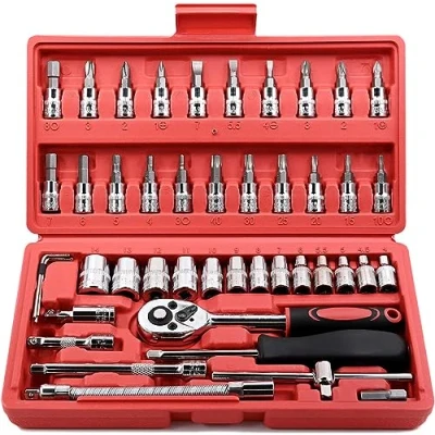 Image of 46Pcs Socket Sett 1/4 inch Drive Ratchet Wrench Set, with Bit Set Metric and Extension Bar for Auto Repair Home Maintenance, Storage Case
