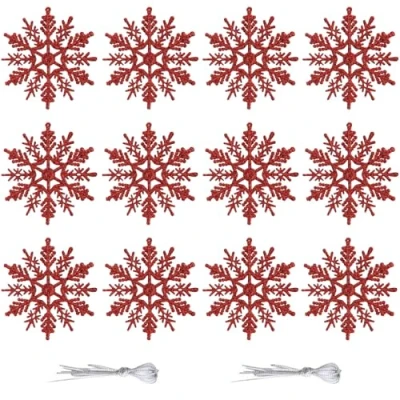 Image of 10CM Hanging Glitter Snowflake Decorations, 12 Pieces Ornaments for Christmas Tree, Xmas Home Décor, Party Supplies, Red