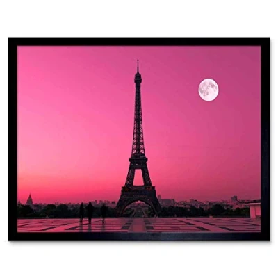 Image of Wee Blue Coo Photo Cityscape Paris France Dawn Pink Moon Eiffel Tower Art Print Framed Poster Wall Decor 12X16 Inch