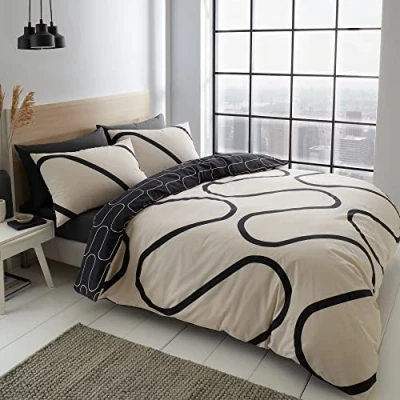 Image of Catherine Lansfield Linear Curve Geometric Reversible Single Duvet Cover Set with Pillowcase Black