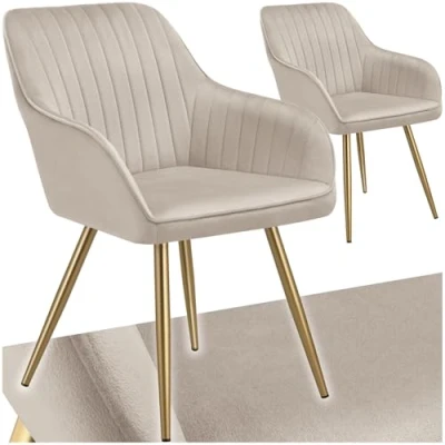 Image of TecTake® Set of 2 Dining Chairs with Quilted, Velvet Look Covers, Softly Padded Armchair Continuous Backrests &amp; Golden Steel Legs, Ideal Kitchen, Living Room Desk Taupe/Gold