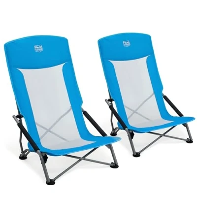 Image of TIMBER RIDGE Low Folding Beach Chair Set of 2, Lightweight Camping with Mesh High Backrest 150kg Capacity Carry Bag &amp; Padded Armrest for Garden Outdoor BBQ Travel Picnic, Blue