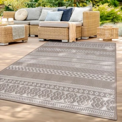 Image of TT Home Large Outdoor Rug Patio Carpet Kitchen For Garden Modern Rhombus Bohemian Square, colour: Beige, Size:200x280 cm