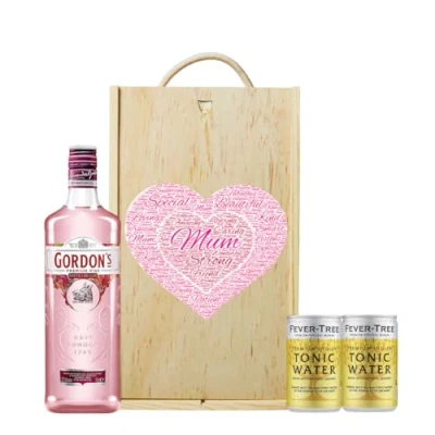 Image of Mother&#039;s Day Gordon&#039;s Premium Pink Gin Set with Fever Tree Tonics in Double Wooden Box (70cl) Mothers Day, Hamper, Mum, Hampers &amp; Gourmet Gifts, Birthday