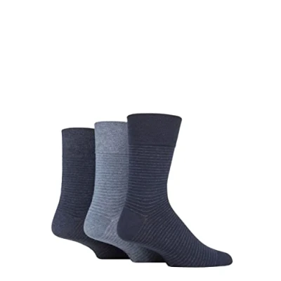 Image of Mens 3 Pair Gentle Grip Cotton Argyle Patterned and Striped Socks Stripe Navy / Denim 6 11