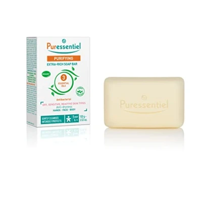 Image of Puressentiel Purifying Extra Rich Soap Bar 100gr Face, Hands and Body Suitable for Dry, Sensitive Skin Cleanses Protects Vegan 3 Organic Essential Oils