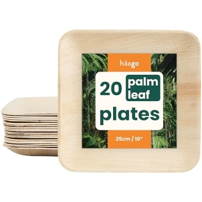 Image of HAAGO Compostable Palm Leaf Plates Eco Friendly Like Wooden &amp; Bamboo Reusable for Hot Cold Food, Microwave Freezer Safe Picnic, Alternative to Paper (20, 25cm / 10&quot; Square)