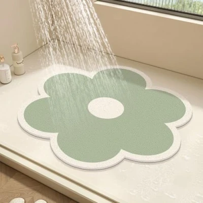 Image of Round Shower Mat Flower Bath for Inside Shower,PVC Loofah Bathroom Floor Mat,Non Slip Bathmat Anti Mould with Drain,Quick Drying (Green,60x60cm)