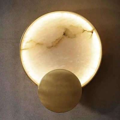 Image of TRIVIDHA Modern Marble Wall Lamps Bedroom Hardwired Sconce Gold Alabaster Lights Round Design Lighting For Living Room Bathroom Balcony Stairs Dining