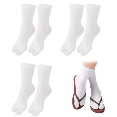 Image of SamHeng Unisex Tabi Flip Flop Socks Japanese Geta 3 Pairs Cotton Split Toe Elastic for Women and Men(White)