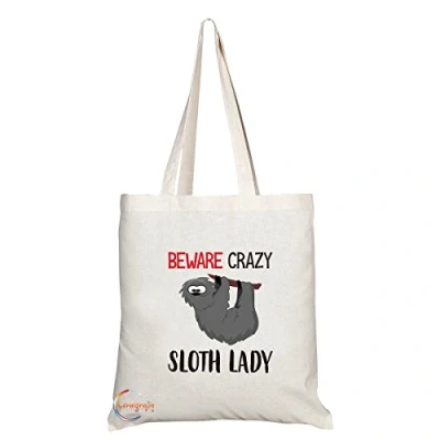 Image of Coralgraph Inc TB216 Beware Crazy Sloth Lady Novelty Present Gift Printed Eco Friendly Stylish Long Handled Tote Shoulder Bag