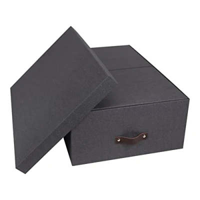 Image of Bigso Box of Sweden Set 3 Storage Boxes with Lids Linen Look Organiser for Clothes, Office Equipment and More Wardrobe Handles Bedding or Seasonal Clothing Black