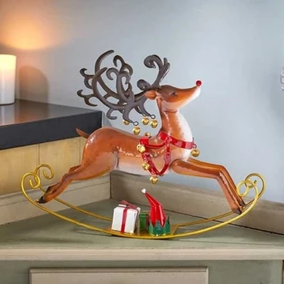 Image of Marco Paul Traditional Christmas Rocking Rudy Reindeer with Bells Decorations Standing Ornaments Festive Figurine Deer Statue Metal for Xmas, Outdoor Home Decor