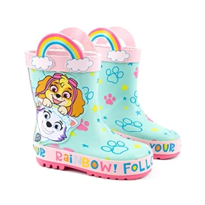 Image of Paw Patrol Girls Wellies Skye &amp; Everest Follow Your Rainbow Multicoloured Rain Wellington Boots for Kids Water Resistant Rubber Walking Shoes Merchandise Gift Children