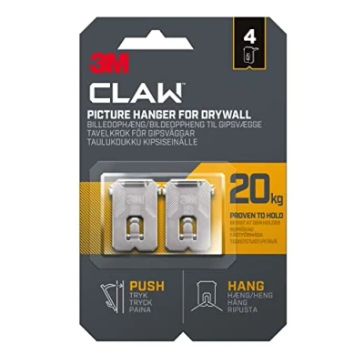Image of 3M Claw Plasterboard Picture Hanging Wall Hooks for Home Décor, 4 Hangers, Holds up to 20 kg Ideal Heavyweight Items