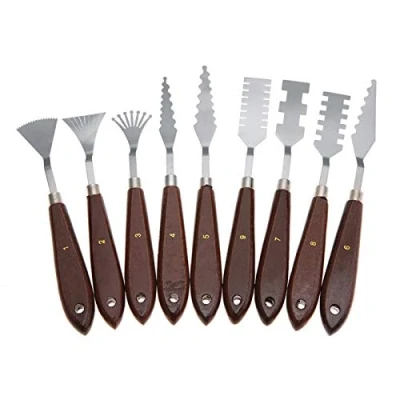 Image of Paint Spatula, 9Pcs Different Shapes Professional Wooden Handle Palette Spatula Mixture Scraper Set for Artist, Oil Painting, Acrylic Painting