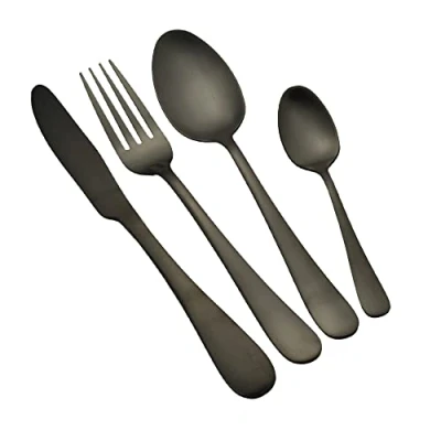 Image of 1Above 24 Pieces Cutlery Set for 6 People, Stainless Steel Flatware with Spoon, Knives, Fork and Tea Spoon. Dishwasher Safe, Easy Clean, Mirror Polished (Black)