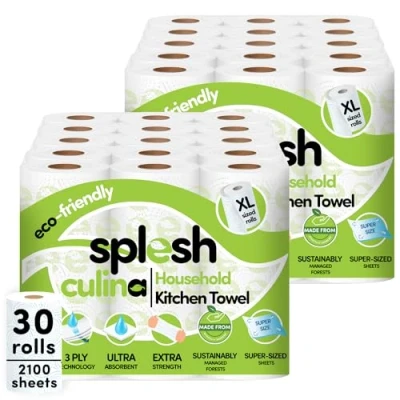 Image of Splesh Culina Kitchen Towel 30 XL Rolls (2100 Sheets) 3 Ply Ultra Absorbent &amp; Extra Strong, Large Eco Friendly Household 70 Super Sized Triple Layered Sheets Per Roll