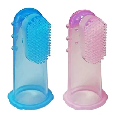 Image of 2 x Baby Silicone Finger Toothbrush Infant Gums Massager Brush (Pink &amp; Blue)