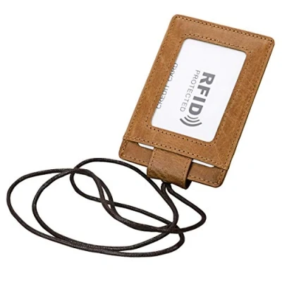 Image of RFID Blocking ID Badge Holder, Aileder 2 Sided Vertical Genuine Leather Credit Card Holder Wallet with 1 Window, 3 Slots and Neck Lanyard/Strap (Tan)